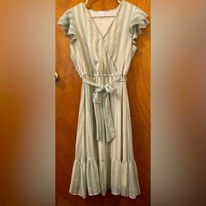 Lauren Conrad M Dress Green Striped Flutter Cap Sleeve